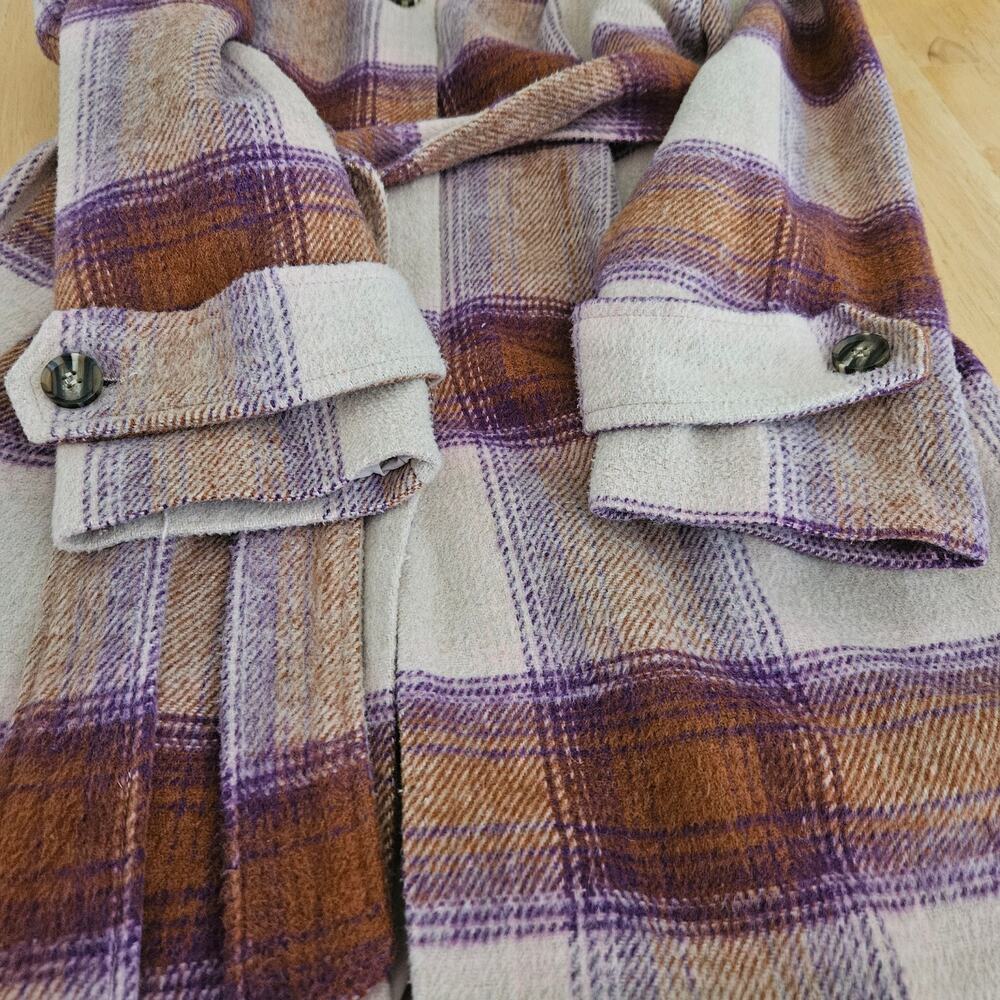 Forever 21 Long Line Plaid Jacket Belted Sz L - Picture 7 of 12
